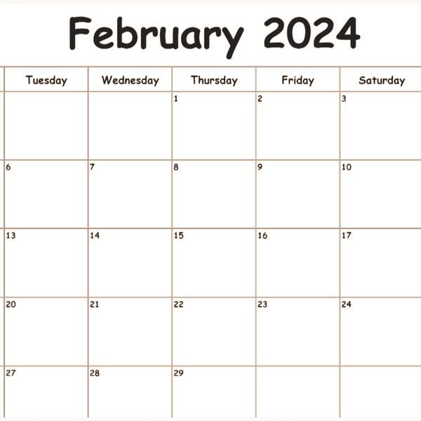 Februar 2024 Monatskalender Sofortiger druckbarer Digitaler Download