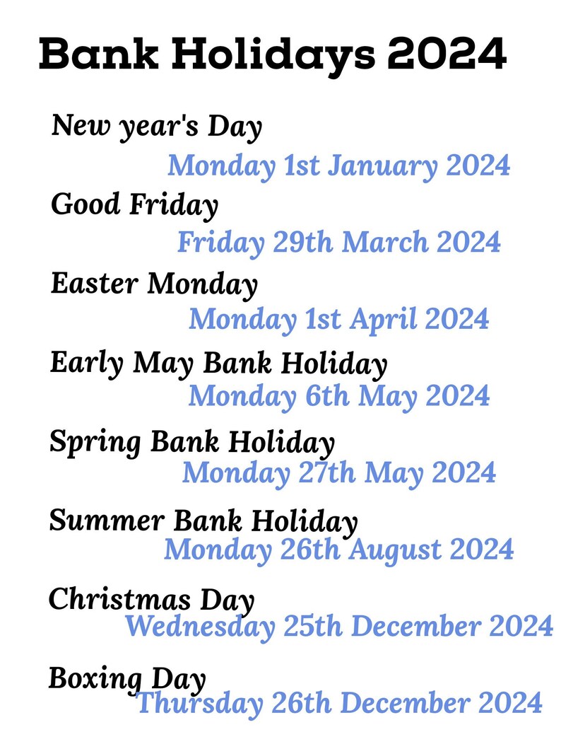 Bank Holidays 2024, Holiday, Break, Vacation, Instant, Printable