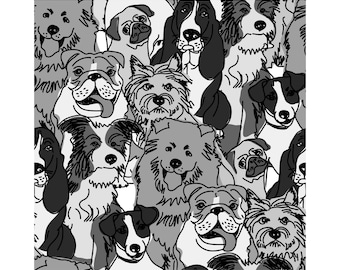 Può includere: Illustrazione in bianco e nero di un gruppo di cani di diverse razze. Tutti i cani guardano lo spettatore.