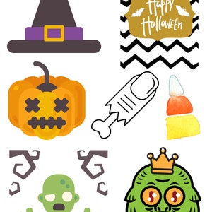 Może przedstawiać: Zbiór ilustracji o tematyce Halloween. Zawiera kapelusz czarownicy z fioletową opaską, dynię, odcięty palec, cukierki kukurydziane, zombie, potwora z koroną i znak z napisem "Happy Halloween".