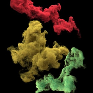 Puede incluir: Tres nubes abstractas de color, rojo, amarillo y verde, sobre un fondo negro.