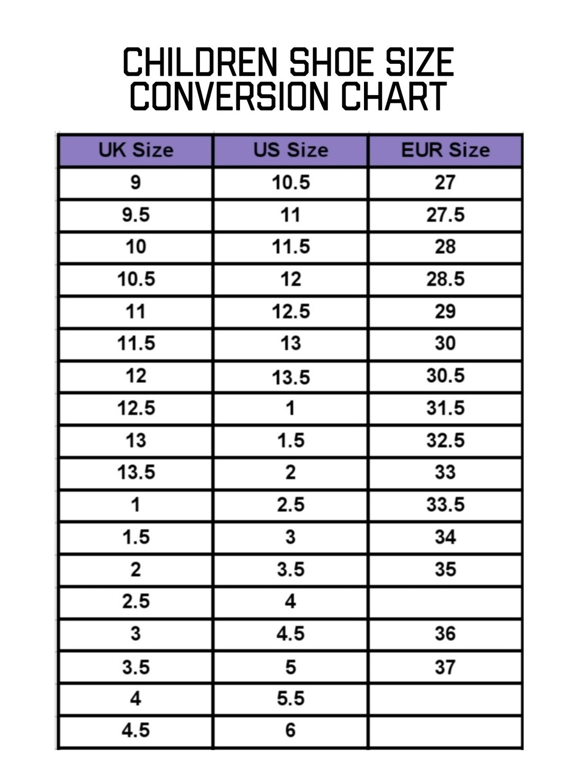 Baby and Kid's Shoe Size Conversion Chart, Us, UK, EUR, Children Shoe ...