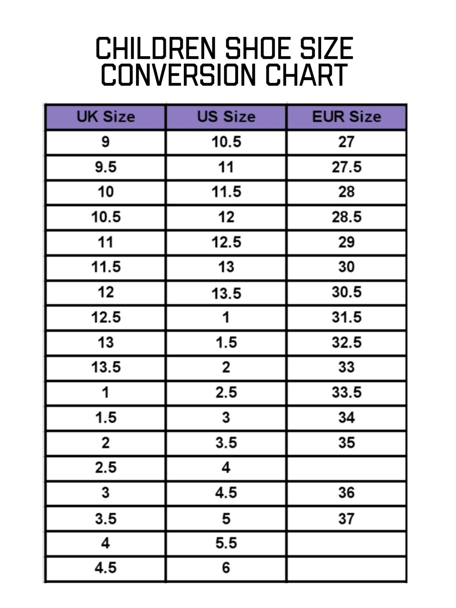 Baby And Kid s Shoe Size Conversion Chart Us UK EUR Children Shoe 