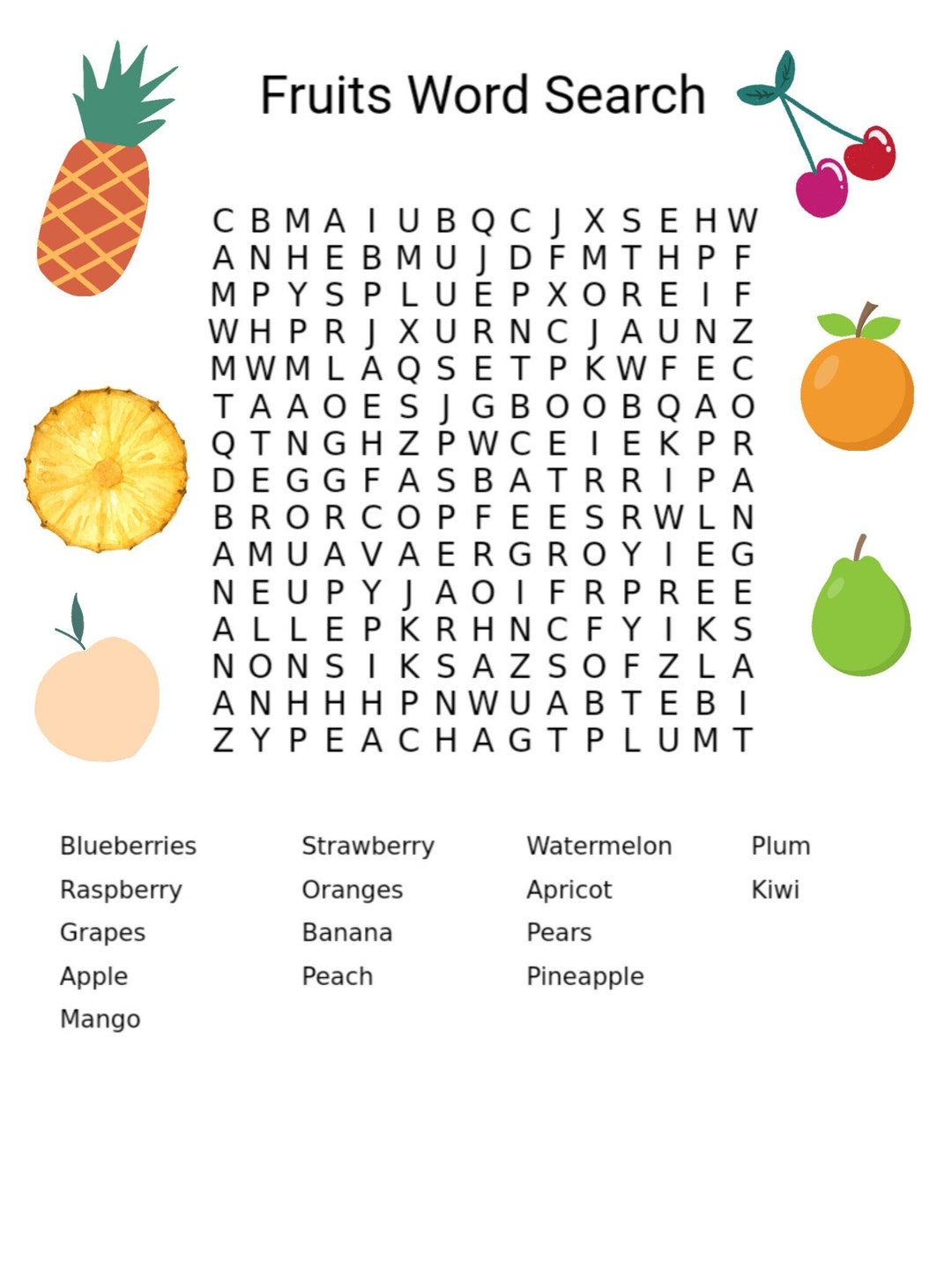 Fruits Wordsearch, Puzzle, Game, Healthy Eating, Instant, Printable