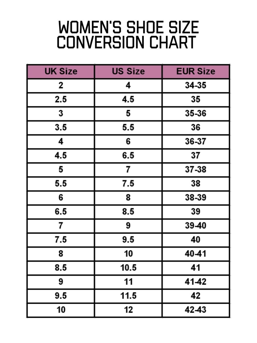 Women's Shoe Size Conversion Chart, Shoe Guide, Size Guide, Instant,  Printable, Digital Download - Etsy