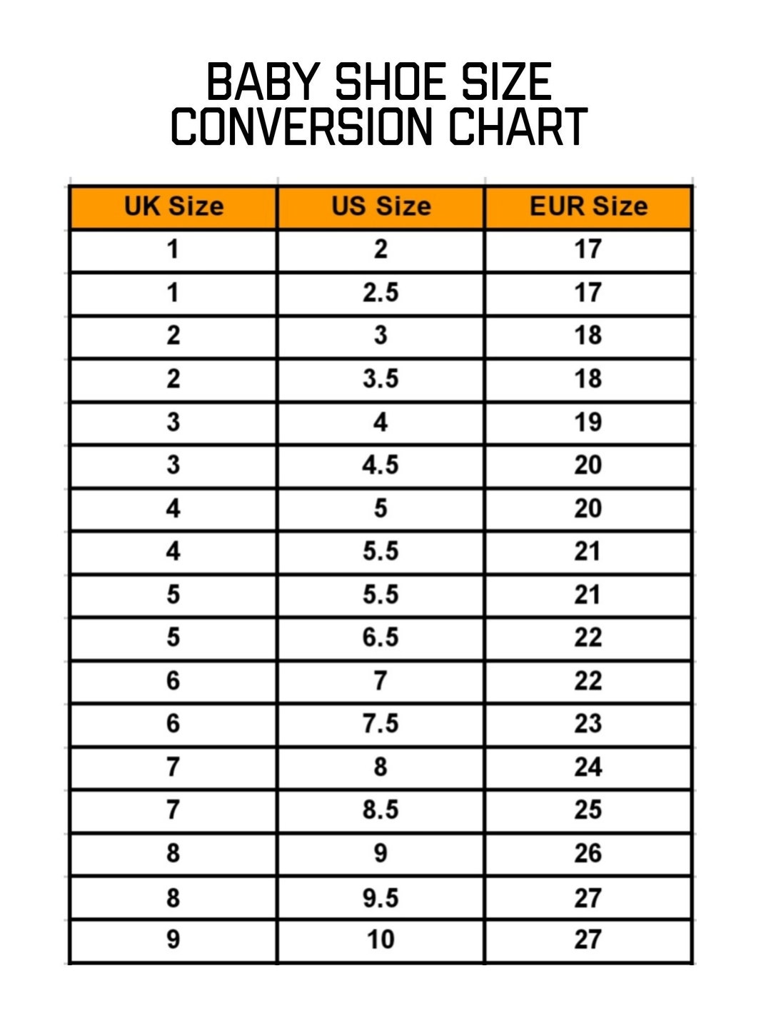Baby And Kid s Shoe Size Conversion Chart Us UK EUR Children Shoe 