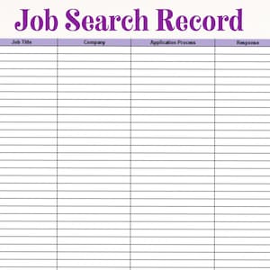 May include: A blank job search record sheet with columns for date, job title, company, application process, response, and notes.