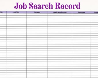 May include: A blank job search record sheet with columns for date, job title, company, application process, response, and notes.
