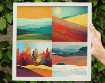 Four seasons print (collage and separate), Printable wall art, Abstract wall art, Set of four print, Modern home art