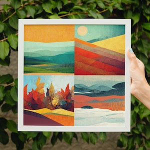 Four seasons print (collage and separate), Printable wall art, Abstract wall art, Set of four print, Modern home art