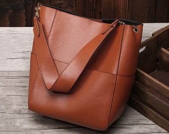 Sac à main seau carré en cuir véritable, sac à bandoulière en cuir marron, sac à bandoulière, sac à main en cuir femme, sac fourre-tout, cadeau personnalisé, cadeau pour elle