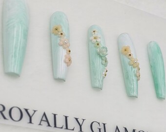 3D Flower Press On Nails | Light Green Marble Long Coffin Gel Set