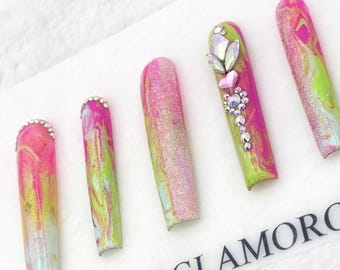 Neon Pink Green Marble Press On Nails | 3D Rhinestone Bling Coffin Gel Set