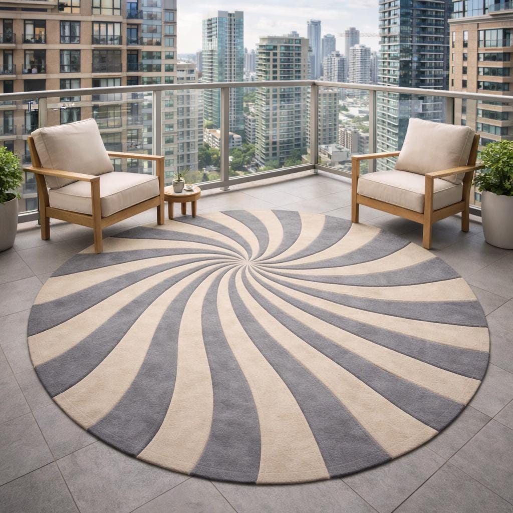 Modern Spiral Illusion Hand Tufted Wool Rug – Cream & Grey Round Area ...
