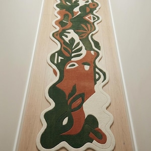 Abstract Wool Runner Rug, Organic Modern Hallway Carpet, Hand Tufted Green Terracotta