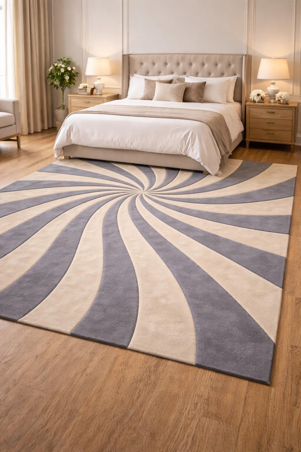 Modern Spiral Illusion Hand Tufted Wool Rug – Cream & Grey Round Area ...