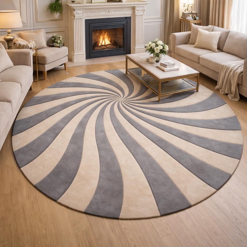 Modern Spiral Illusion Hand Tufted Wool Rug – Cream & Grey Round Area ...
