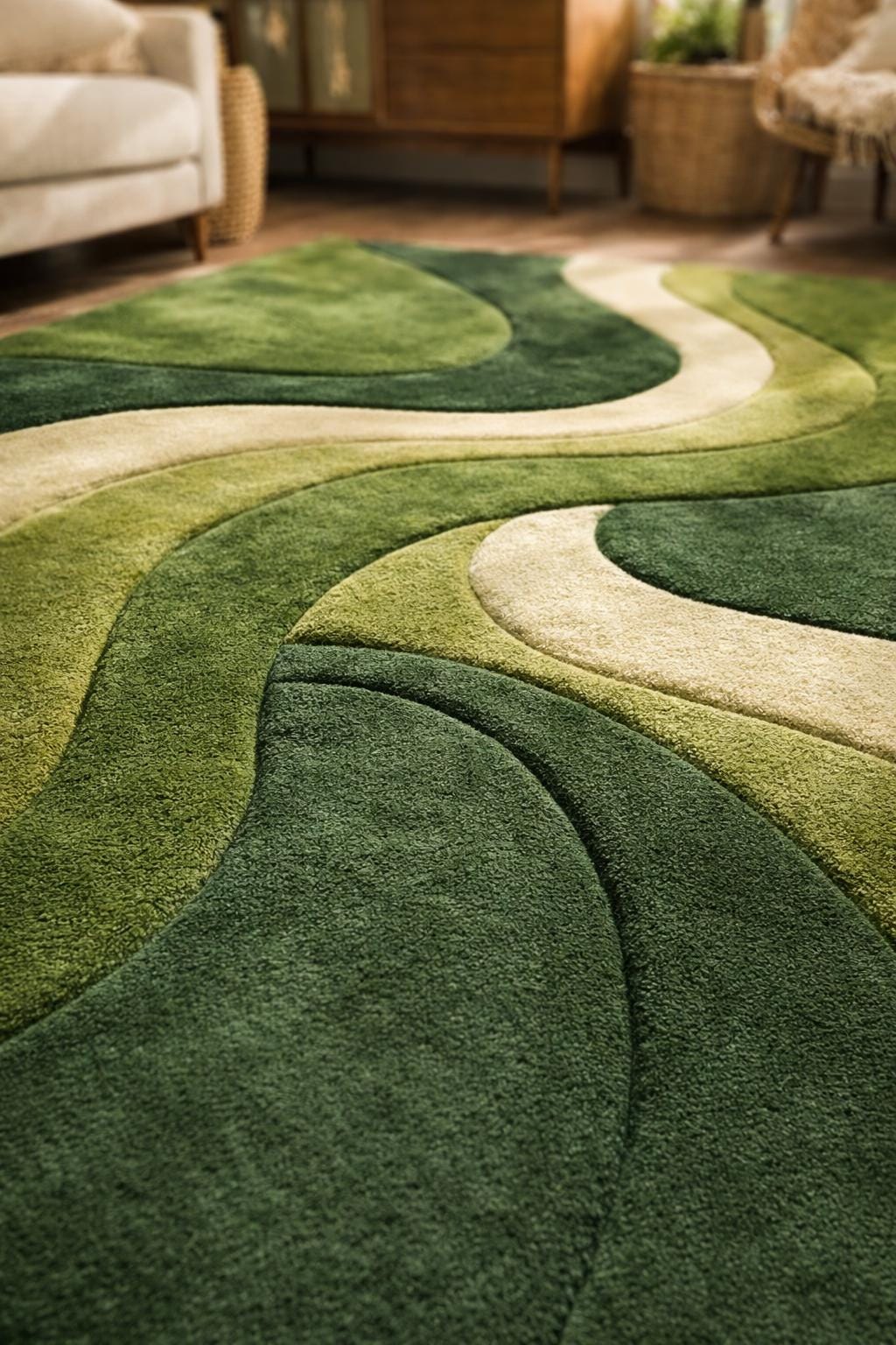 Hand Tufted Wool Carpet – Sculpted Green Abstract Wave Area Rug - Etsy