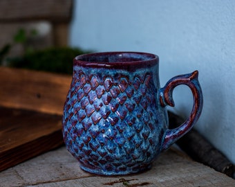 Handmade Ceramic Dragon Scale Mug: Sunset Glazed Pottery