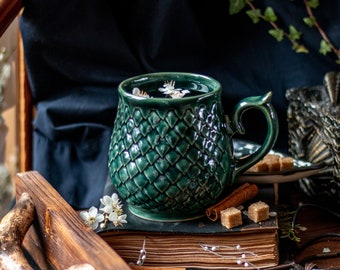 Handmade Green Dragon Scale Ceramic Mug: Fantasy Pottery
