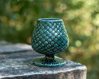 Handmade Green Dragon Scale Ceramic Goblet: Fantasy Pottery