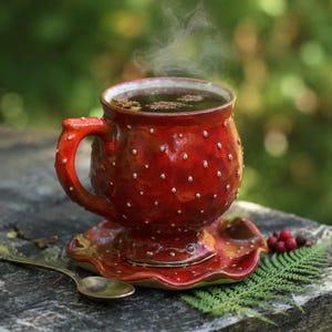Peut inclure: Une tasse en céramique rouge brillante avec une surface texturée ornée de petits points blancs en relief et une soucoupe assortie aux bords ondulés. La tasse contient un liquide sombre fumant et est accompagnée d'une petite cuillère en métal.