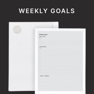 May include: A white weekly goals planner with a gray background and black text. The planner has sections for goals and tasks, other priorities, and a section to reflect and celebrate.