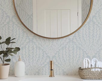 Boho Coastal Sea Fern Wallpaper - Soft Blue Gray Beach Botanical Peel and Stick for Bathrooms and Serene Seaside Interiors