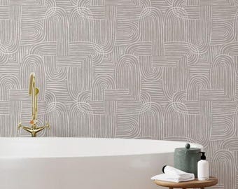 Taupe Gray Abstract Line Art Wallpaper - Boho Arched Removable Geometric Zen Peel & Stick, Japandi Calm Bedroom, Bathroom, Powder Room