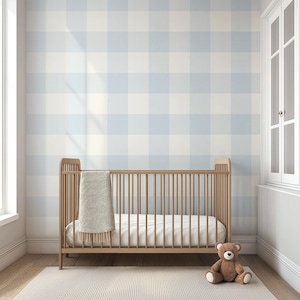 Baby Blue Gingham Wallpaper, Soft Pastel Cottage Farmhouse Plaid for Nursery Accent Wall, Removable Peel and Stick for Boys Room