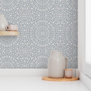 Neutral Gray Mosaic Tile Wallpaper – Boho Geometric Mandala Farmhouse Kitchen Faux Cement Tile Backsplash Prepasted and Pasted Wall Covering
