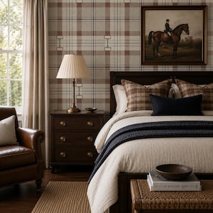 Preppy Equestrian Plaid Wallpaper, Warm Neutral Tartan with Horse Bit Country Heritage Wallpaper, Brown and Cream Woven Tweed Look