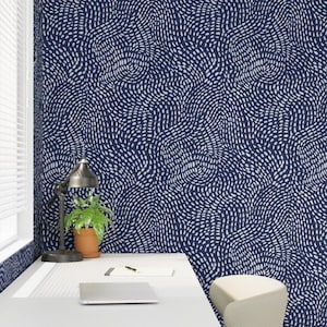 Navy Blue Abstract Nautical Wallpaper - Coastal Wavy Sea Brushstroke Dashed Lines - Peel and Stick, Prepasted Decor for Statement Walls
