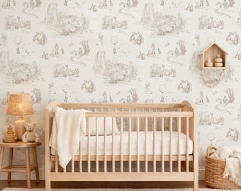 Vintage Winnie-the-Pooh Toile Wallpaper Warm Beige, Neutral Nursery Cottagecore Hundred Acre Wood Storybook, Peel and Stick or Traditional