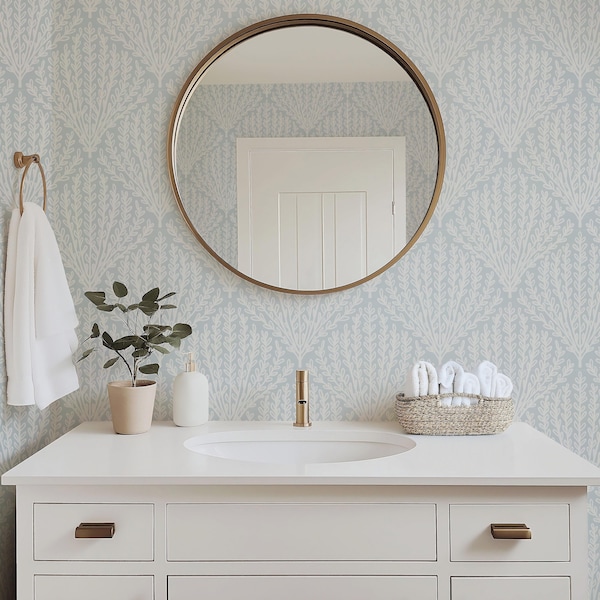 Boho Coastal Sea Fern Wallpaper - Soft Blue Gray Beach Botanical Peel and Stick for Bathrooms and Serene Seaside Interiors