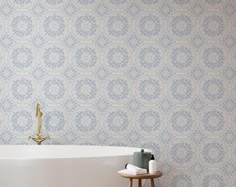 Vintage Spanish Faux Tile Wallpaper in Soft Blue – Coastal Mediterranean Farmhouse Kitchen Backsplash Peel and Stick or Pasted Wallcovering