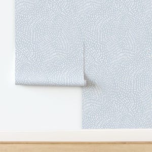 Calming Coastal Boho Wallpaper - Pastel Blue Wavy Sea Abstract Brushstroke Dashed Lines - White on Light Blue Peel and Stick, Prepasted