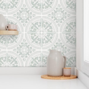Vintage Moroccan Faux Tile Wallpaper in Sage Green – Mediterranean Farmhouse Kitchen Backsplash Peel and Stick or Traditional Wallcovering