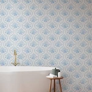 Tropical Palm Tree Wallpaper - blue and white coastal wavy trellis removable peel and stick, Beach House Island Decor, Nautical Botanical