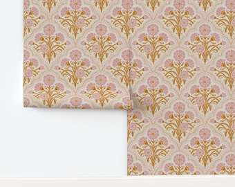 Vintage Floral Peel and Stick Wallpaper with Scalloped Arches, Dusty Pink and Golden Ochre Art Nouveau and Deco Style Cottage Wallcovering
