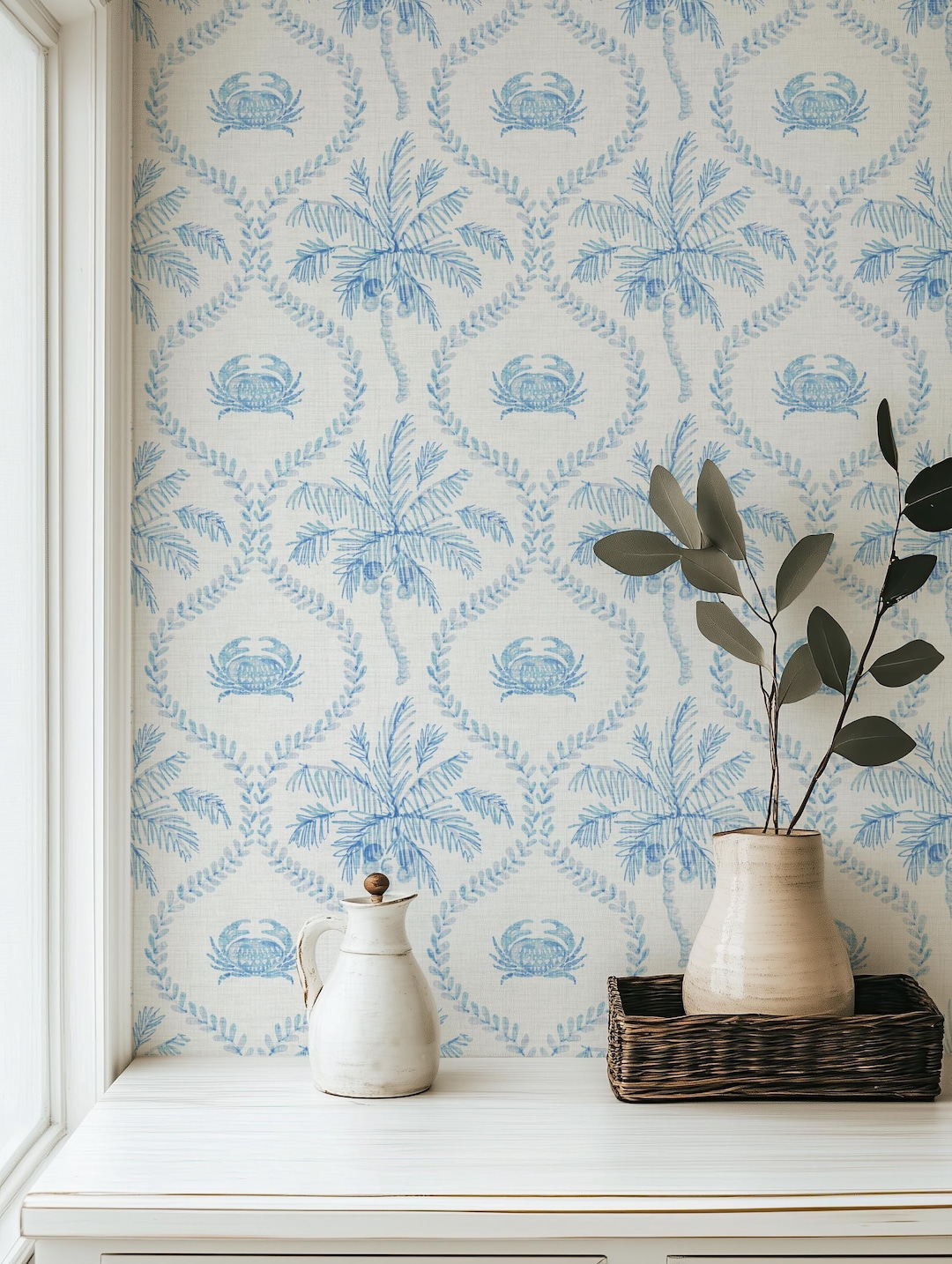 Tropical Palm Wallpaper in Azure Blue and White, Coastal Calm Trellis ...
