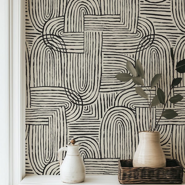 Boho Abstract Arched Line Art Wallpaper, Neutral Black & Cream, Japandi Wabi Sabi Removable Wallpaper, Modern Geometric Zen Peel and Stick