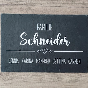 Türschild personalisiert Familie / 3 Herzen aus Schiefer Türschild Klingelschild Naturstein Bild 1