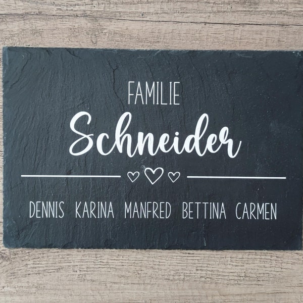 Türschild personalisiert  "Familie / 3 Herzen" aus Schiefer Türschild Klingelschild Naturstein