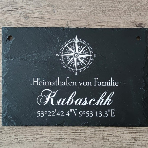 Haustürschild personalisiert  " Heimathafen " aus Schiefer Türschild | Klingelschild | Naturstein