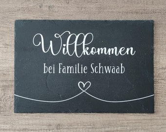 Haustürschild personalisiert  "Willkommen II" aus Schiefer Türschild | Klingelschild | Naturstein