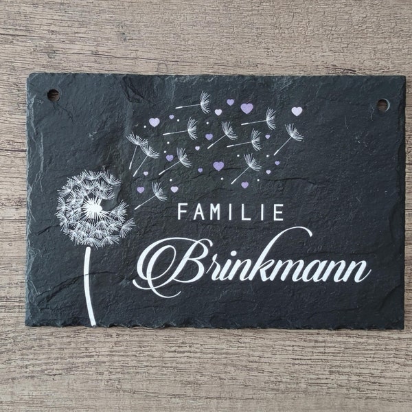 Front door sign personalized "Pusteblume & Herzchen" made of slate door sign bell sign natural stone