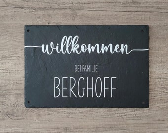 Haustürschild personalisiert  "Willkommen" aus Schiefer Türschild Klingelschild Naturstein