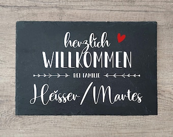 Türschild personalisiert  "herzlich Willkommen, Familienname" aus Schiefer Türschild Klingelschild Naturstein