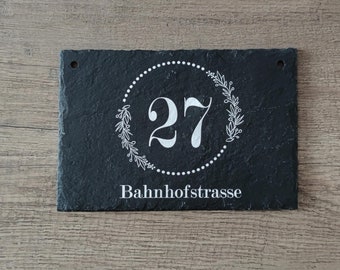 House number personalized "House number & street wreath" made of slate door sign house number natural stone